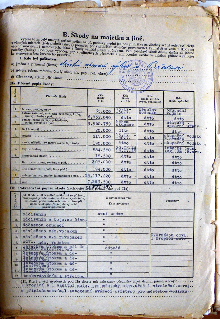 Škody na majetku nezvěstných břeclavských Židů vyčíslené Místním národním výborem v Břeclavi v roce 1946