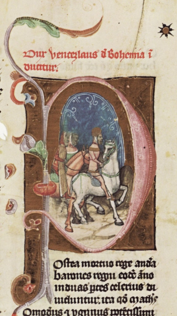 Mladý král Václav odjíždí do Uher na iniciále ve Vídeňské obrázkové kronice
